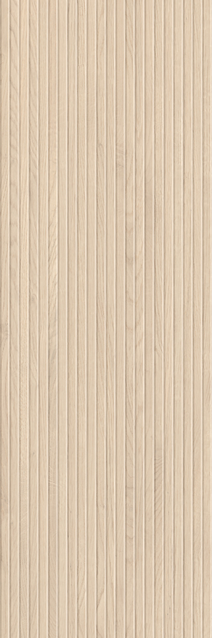 Ljust kakel med vertikala linjer och träliknande textur i en beige nyans.