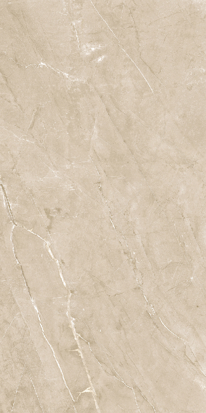 Granitkeramikplatta med beige och krämfärgad yta, subtila vita ådringar och polerad finish.
