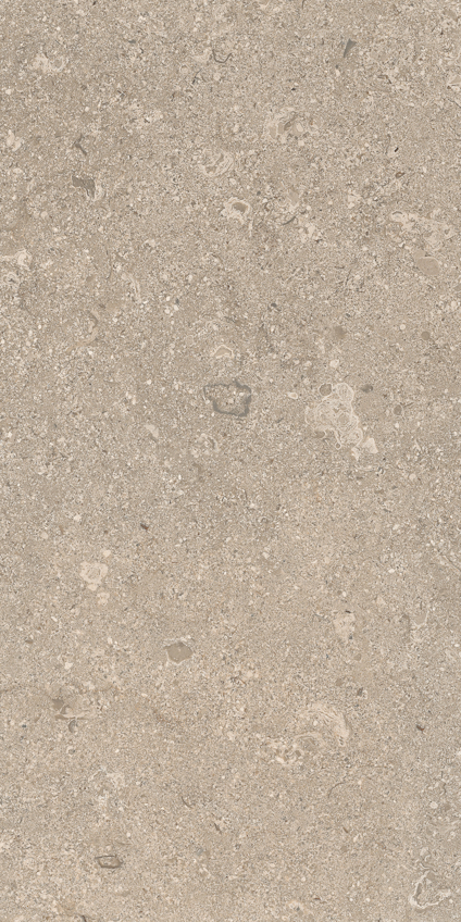 Beige granitkeramik med subtil textur och naturligt inslag av fossilliknande mönster.