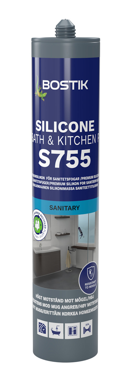 Grå tub med text "Bostik Silicone Bath & Kitchen S755" och bild på ett badrum.