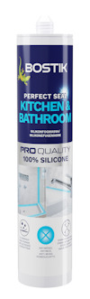 Förpackning av transparent silikonfogmassa Bostik Perfect Seal Kitchen & Bathroom.