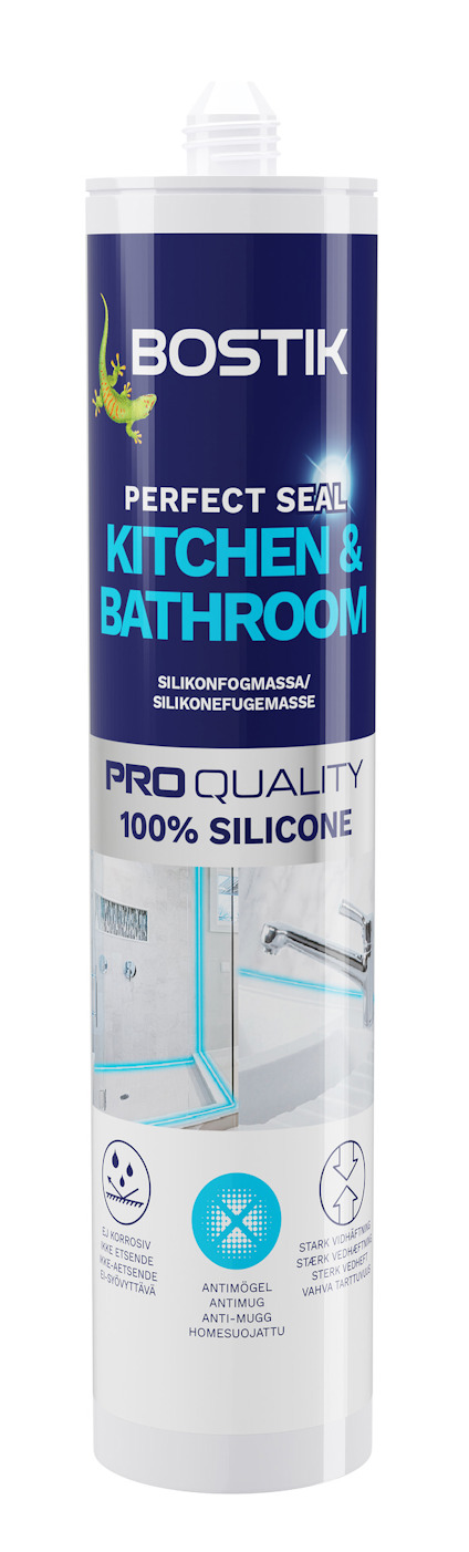 Förpackning av transparent silikonfogmassa Bostik Perfect Seal Kitchen & Bathroom.