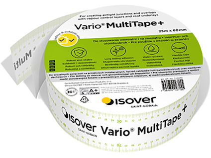 Tejprulle med texten "Vario MultiTape+" och varumärket Isover; vit tejp med grön och svart text.
