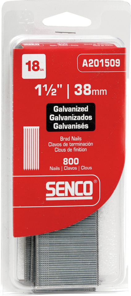 Förpackning med Senco 38 mm galvaniserade dyckert, 800 st, märkning för 18 GA och modellnummer A201509.