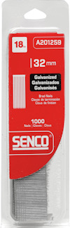 Förpackning med galvaniserade brads, 32 mm, 1000 spikar. Text: "Senco, 18G, A201259".