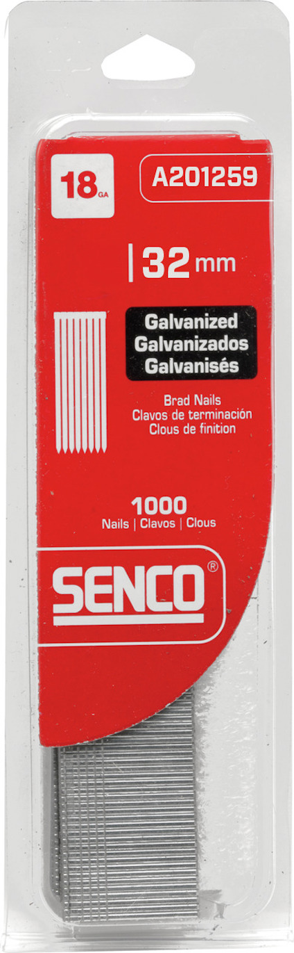 Förpackning med galvaniserade brads, 32 mm, 1000 spikar. Text: "Senco, 18G, A201259".