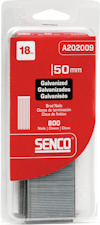 Förpackning med galvaniserade Brad-nails 50mm, 18GA, 800 st, produktkod A202009. Märke: Senco.