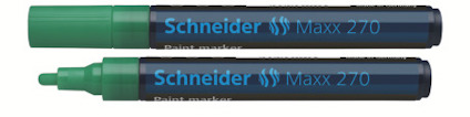 Två gröna lackpennor med blå text "Schneider Maxx 270" på sidan.