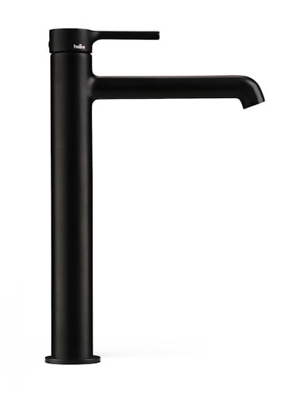 Svart, hög blandare med modern design och ett handtag på toppen.