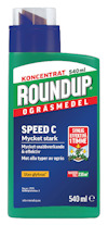 Flaska med etikett för Roundup Speed C ogräsmedel, märkt "Koncentrat 540 ml" och "Utan glyfosat".