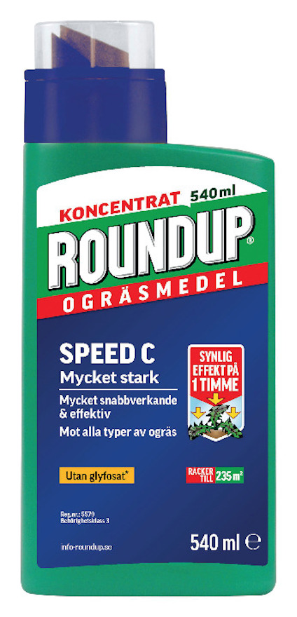 Flaska med etikett för Roundup Speed C ogräsmedel, märkt "Koncentrat 540 ml" och "Utan glyfosat".