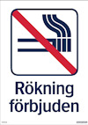 Skylt med överkryssad cigarett och texten "Rökning förbjuden" i blått.