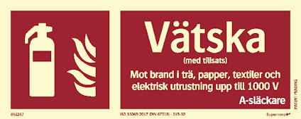 Skylt med symbol för brandsläckare och texten: "Vätska (med tillsats) Mot brand i trä, papper, textiler och elektrisk utrustning upp till 1000 V