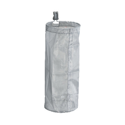 Silverfärgad, cylindrisk förvaringsbag i textil med en grå krok högst upp för upphängning.