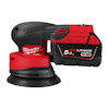 Röd och svart sladdlös slipmaskin med texten "Milwaukee" och "REDLITHIUM M18 5.0 Ah" på batteriet.