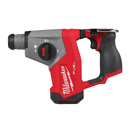 Röd och grå borrhammare med handtag och knappar, märkt med "Milwaukee FUEL".