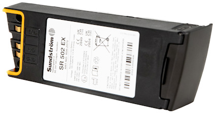 Batteri för Sundström SR 502 EX med etikett och text. Svart hölje med gula detaljer på ena sidan.
