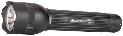 Svart ficklampa märkt "Q5XRS Suprabeam" med räfflat grepp och silverfärgad reflektor.