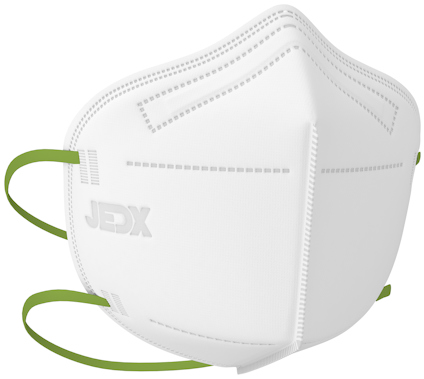 Vit filtrerande halvmask med grön resår och texten "JEDX" på sidan.