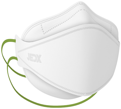 Vit filtrerande halvmask i FFP2-stil med gröna elastiska band och texten "JEDX" på sidan.