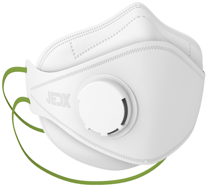 Vit halvmask med ventil och gröna elastiska band, märkt med "JEDX".