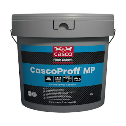 Grå plasthink märkt "CascoProff MP" med blå etikett och text om att det är ett golv- och vägglim.