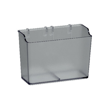 Transparent, låg och smal plastlåda med öppen topp och skåror på övre kanten.