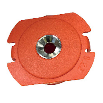 Orange apparatdosa med metallhål i centrum och märkning "Ø22" på kanten. Rektangulär form med rundade hörn.