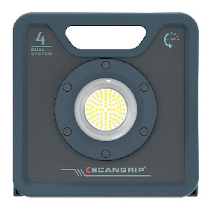 Fyrkantig grå arbetslampa med handtag, centralt rund LED-lampa och texten "SCANGRIP" samt "4 DUAL SYSTEM".