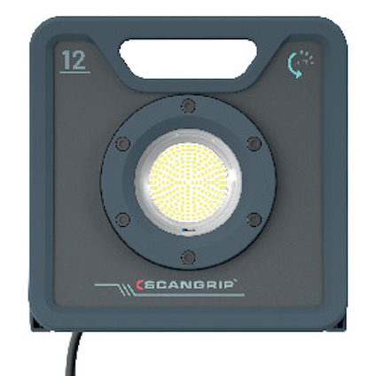 Antracitfärgad arbetsbelysning med bärhandtag, rund LED-lampa och logotypen "SCANGRIP" på framsidan.