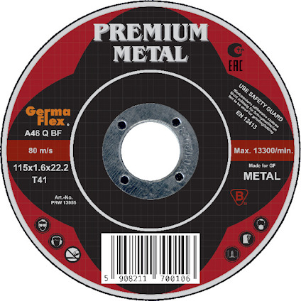 Rund kapskiva med texten "Premium Metal" och tekniska specifikationer, inklusive varumärket "Germa Flex".