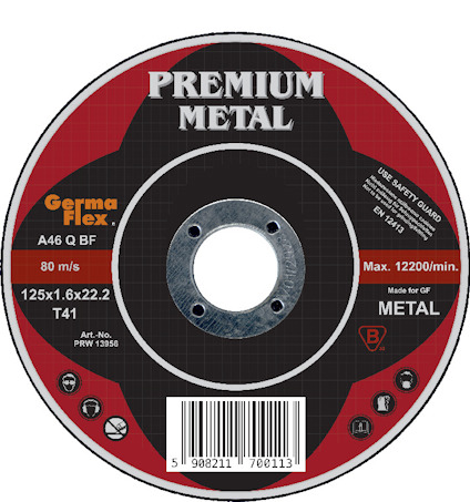 Röd kapskiva för metall med centralt monteringshål och texten "PREMIUM METAL". Streckkod och säkerhetssymboler synliga.