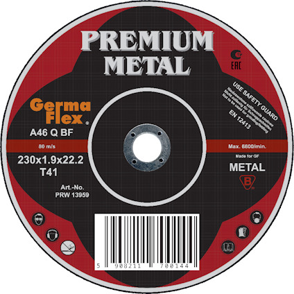 Rund kapskiva för metall med texten "Germa Flex Premium Metal". Svart, gråröd design med specifikationer och användarinstruktioner.