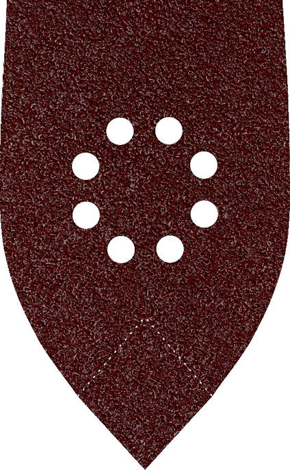 Borrat sandpapper med spetsig form och cirkulärt hålmönster i mitten mot vit bakgrund.