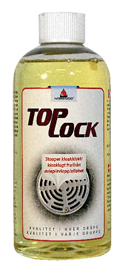 Gul flaska med vit kork och etikett med texten "TOPOCK". Etiketten har även bild av ett avloppsgaller.