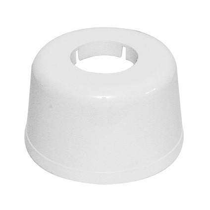 Vit, cylindrisk plastkomponent med centralt hål och något avsmalnande design.