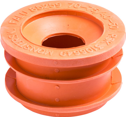 Orange, rund gummiadapter med text och siffror på ytan.