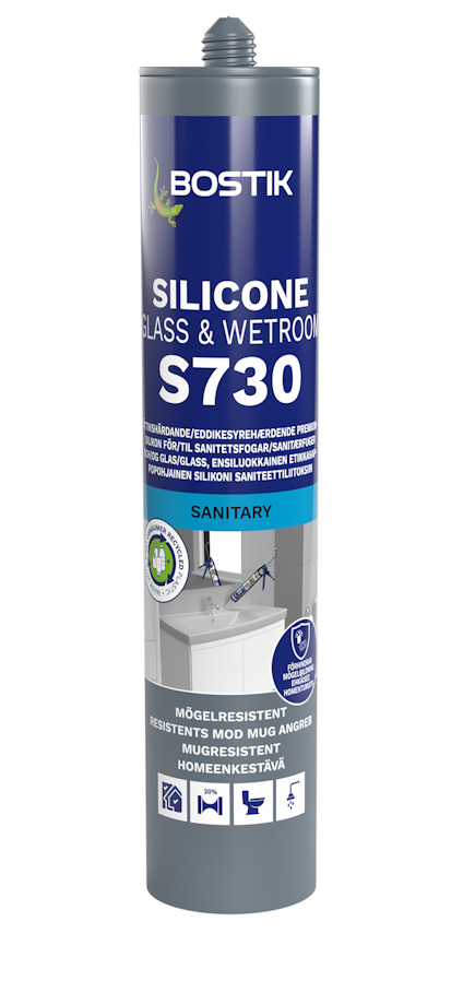 Förpackning för Bostik S730 Silicone Glass & Wetroom, transparent fogmassa. Text och logotyper synliga på etiketten.