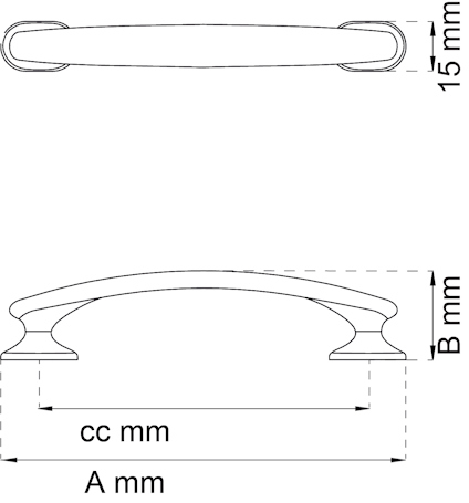 Ritning av handtag, visar mått: höjd 15 mm, bredd B mm, c-c mått cc mm, total längd A mm.
