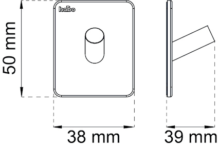 Ritning av väggfäste med mått: höjd 50 mm, bredd 38 mm, djup 39 mm. Texten "habo" syns.
