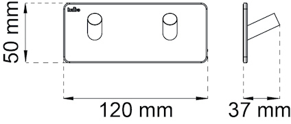 Ritning av en rektangulär metallkrok med måtten 120x50 mm och ett djup på 37 mm, två cylindriska knoppar.