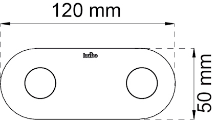 Håltagningmall i rektangulär form med måttangivelser 120 mm x 50 mm, två cirkulära hål och texten "habo".
