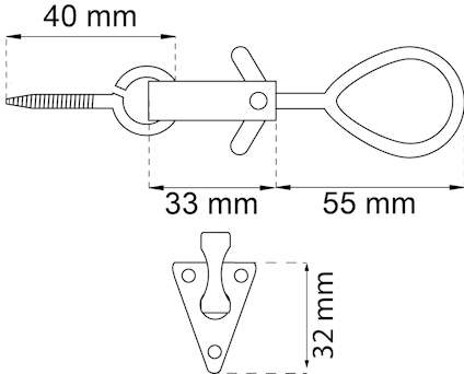 Ritning av fönsterbeslag med mått: 40 mm, 33 mm, 55 mm, 32 mm.