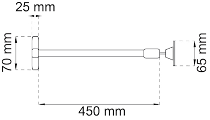 Ritning av metalldel med dimensioner: 450 mm längd, 70 mm höjd, 65 mm bredd och 25 mm tjocklek.