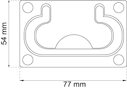 Ritning av en rektangulär del med måtten 77 mm x 54 mm, fyra skruvhål, och ett böjt mönster i mitten.