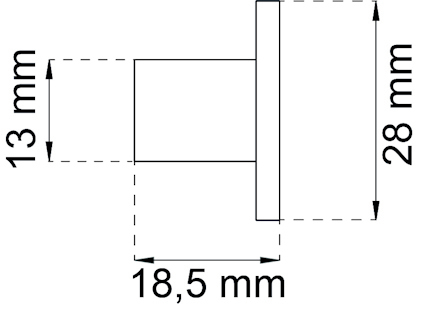 Teknisk ritning av en cylindrisk komponent med en diameter på 28 mm och längd 13 mm, basen 18,5 mm bred.