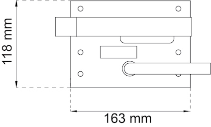 Ritning av låshus med måtten 118 mm x 163 mm, inklusive handtag och hål för montering.