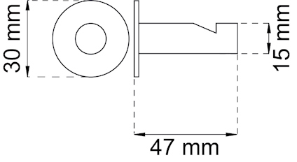 Teknisk ritning av en fästanordning, dimensioner: 30 mm, 47 mm, och 15 mm.