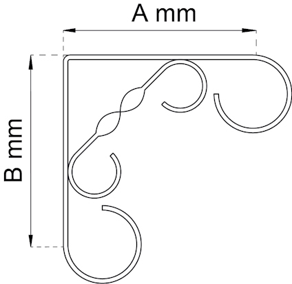 Diagram av en dekorativ metallskena i L-form, med mått A mm och B mm angivna.
