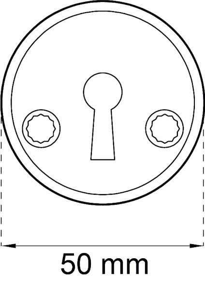 Illustration av en cirkulär nyckelskylt med två skruvhål och ett nyckelhål, diameter markerad som 50 mm.